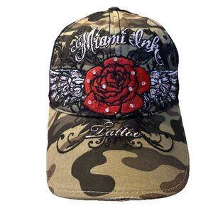Miami Ink Tattoo Camo Rose mesh back distressed style ball cap hat Retro